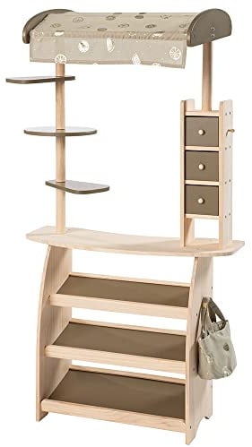 howa Kaufladen Marktstand für Kinder aus Holz mit Einkaufstasche 47472 | Spielzeug Kaufmannsladen Lucky mit Markise, Tasche, 3 Schubfächern und drehbaren Ablagen, natur / khaki, rundum bespielbar