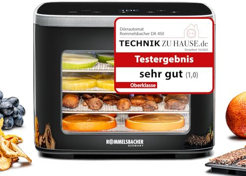 ROMMELSBACHER Dörrautomat DA 450, Dörrfläche 0,2 m², inkl. 5 Edelstahl-Dörrtabletts, 1 Dörrgitter, 1 Dörrunterlage, 2 Müsliformen, LCD-Display, 99 Std. Timer, Temperatur einstellbar (35 °C – 80 °C)