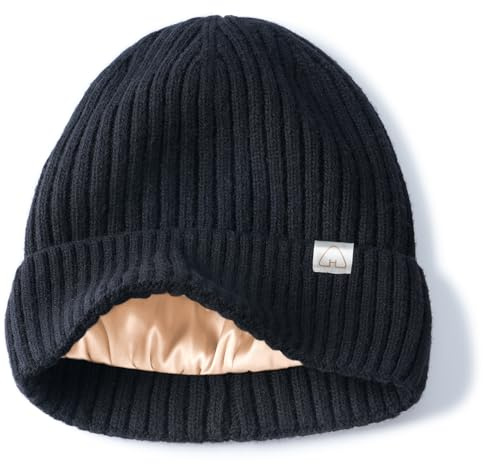 Hat Hut Wolle Beanie Mütze Satin Gefütterte Wintermütze für Haar, Damen Herren Strickmütze, Warme Satin Lined Slouchy Beanie (DE/NL/SE/PL, Alphanumerisch, Einheitsgröße, Schwarz)