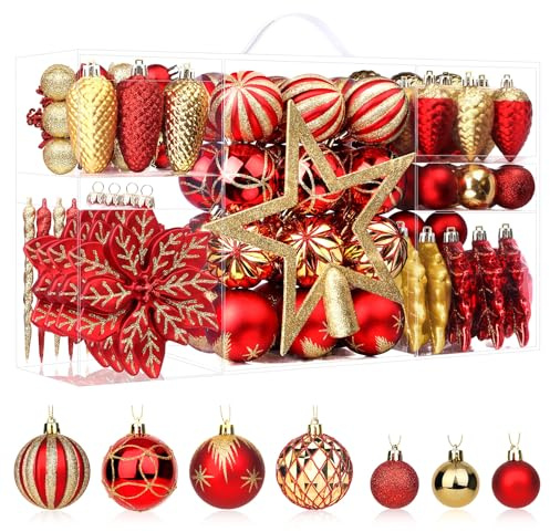 SHareconn 2025 Neues Weihnachtskugeln Weihnachtsdeko Set Rubinrot und Gold 106 STK, Bruchsichere Weihnachtsschmuck Bälle Dekoration für Weihnachtsbaum,Tolle Dekorationen für Weihnachtsfeier Hochzeit