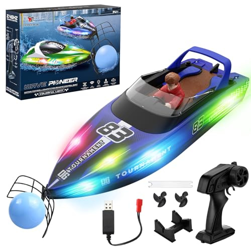 Snorthy Ferngesteuertes Boot mit Schwimmerkugel und LED-Licht 2,4-GHz RC Boot für Kinder 15km/h Wiederaufladbar 1200mAh Speedboat Rennboote für Pools Seen Meere Wasserspielzeug für Jungen Mädchen
