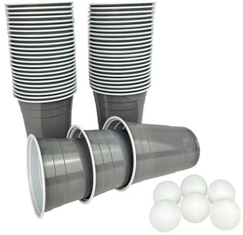 Vitavalley Plastikbecher in grau mit 6 Bällen - graues Partybecher Set - 50 Trinkbecher (473 ml) in grau + 6 Ping Pong Bälle