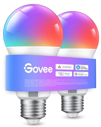 Govee Smart Glühbirne E27, WLAN LED Lampe RGBWW kompatibel mit Matter, Alexa und Google Assistant, dimmbare mit 16 Millionen DIY-Farben, 800LM, 54 Szenen, Smart Home Alexa Zubehör, 2 Stück