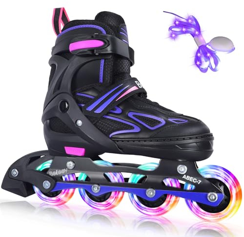 BELEEV Inliner Kinder Jugendliche Erwachsene, Inline Skates 4 Größen Verstellbar, Roller Skates mit LED Leuchtende Schnürsenkeln und Rädern, Geschenke Anfänger Mädchen Jungen Herren Damen - Purple M
