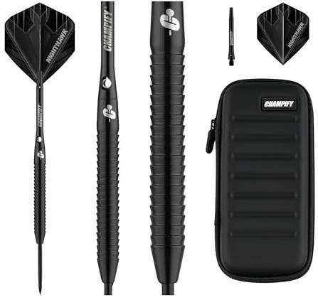 Champify® 90% Tungsten Darts Set “Nighthawk” mit 23g Barrel und schwarzer Darttasche | 3 Steeldarts mit 9 Alu-Schäften & 9 Flights| Dart Set mit Zubehör | Dartpfeile mit Metallspitze