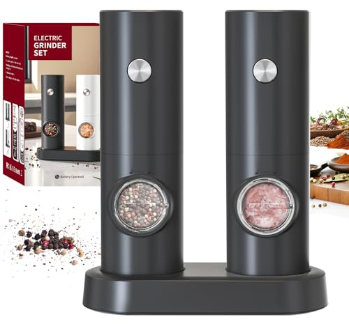 CIRCLE JOY Salz und Pfeffermühlen Elektrische 2er Set Batteriebetriebenen Gewürzmühle mit Basis, Weißem LED-Licht und Einstellbarer Grobheit, Schwarz