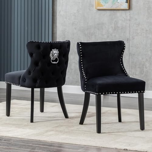 chairus Samt Esszimmerstühle 2er Set Küchenstühle Gepolstert für Wohnzimmer Armlos Polsterstuhl mit Holzbeinen (Schwarz-2)
