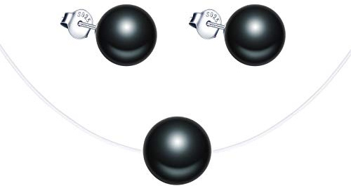 Yumilok Damen Schmuckset Halskette mit Perlen Anhänger & Perlen Ohrstecker Ohrringe aus 925 Sterling Silber weiß rosa schwarz Gold