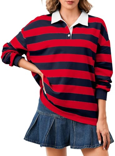 Soamat Damen Oversized Gestreiftes Polo-Sweatshirt Langarm Rugby-Kragen Pullover Tops Loose Fit Shirt, rot, blau, X-Groß