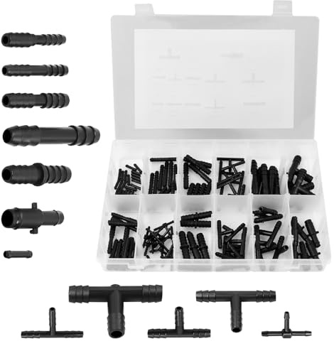 MaxEarn 113 Stk T-Verbinder Schlauchverbinder Set, Schwarz Universal T-Stück Gerade Reduzierstück Schlauchverschraubungen, für Gärten Schläuche BewäSserung Anschluss Kit KFZ Tropf Sprinkler Anlagen
