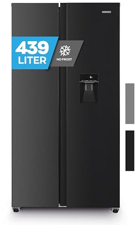 Heinrich´s Side-by-Side Kühlschrank, Kühlgefrierkombination mit 439L Mega Gesamtvolumen, NO-FROST, 151L Gefriervolumen, inkl. Wasserspender, LED Beleuchtung,Touch, Multi-Airflow-System, Schwarz-Inox