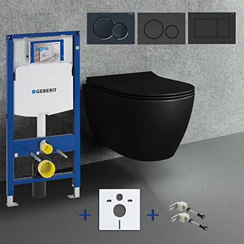 Spülrandloses Hänge WC Komplettset I schwarz matt I randloses Wand WC mit Geberit UP320 Spülkasten I Tiefspül WC I Deckel mit Absenkautomatik I Hänge Toilette mit Sigma30 Drückerplatte Vorwandelement