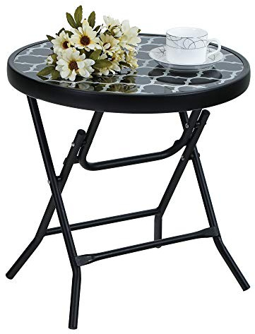 PHI VILLA Klappbar Runder Beistelltisch Glas aus Metall Gartentisch Kaffeetisch Klein Balkontisch wetterfest pflegeleicht für Balkon Garten Terrasse Wohnzimmer