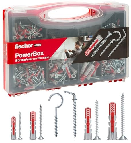 Fischer PowerBox 180 Dübel DuoPower mit Schrauben und Haken, für Vollwand, gebohrt und Gipskarton, 360 Stück, 564282