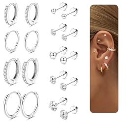 LOLIAS 9 Paar Ohrringe Edelstahl Damen Titan Ohrringe Set Silber Creolen Flatback Ohrstecker mit Flachem Verschluss Medizinische Ohrstecker Ohrringe Silber 925 Piercing Ohr Helix Piercings Schmuck