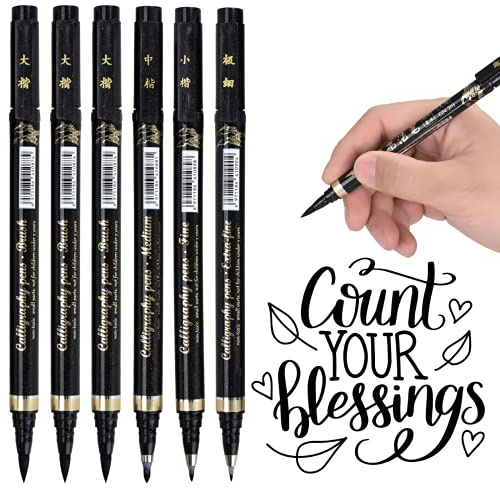 6 Kalligraphie Stifte Schnelltrocknender Calligraphie Stifte mit 4 Größen Fasermaler Pinselstifte Schwarz Handlettering Stifte für Schriftzug Anfänger Bullet Journal Tagebuch Unterschrift Zeichnung