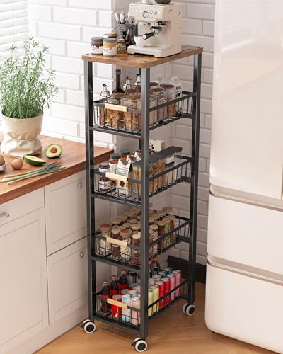 Ornestia Küchenwagen mit 5 Ebenen, Metall Aufbewahrungswagen, Servierwagen mit Rollen, Rollwagen für Küche,Bad,Büro, Küchenregal mit Herausziehbaren Körben, Schwarz