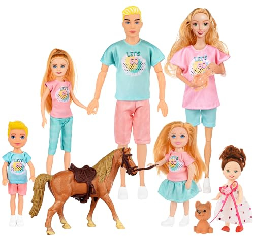 Familie Puppen Set von 7 Personen mit Welpen und Pferd Zubehör Inklusive 11.5 Zoll schwanger Mama, Papa, 4 Kinder und ein Baby im Bauch der Mutter für 3-12 Jahre Kleinkind Geschenk (Geschenkbox Paket)