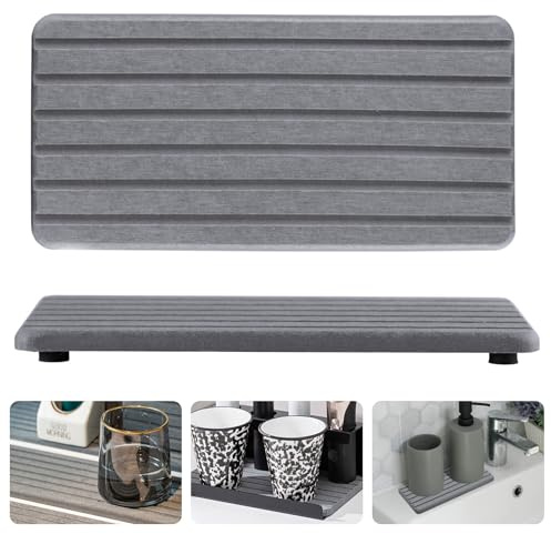 2 Stück Abtropfmatte Geschirr, 21 x 10 cm Wasserabsorbierender Stein Badezimmer Waschbecken Matte Abtropfmatte mit Schmutzabweisender Gummisohle Abtropfmatte Spüle Kaffeematte für Küche-Dunkelgrau
