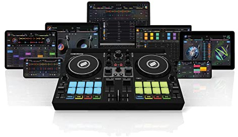 Reloop Buddy Kompakter 2-Kanal DJ Controller für Algoriddim DJay auf iOS, iPadOS, Android, Mac und PC mit RGB Performance Pads, FX Paddel und Neural Mix Steuerung, schwarz