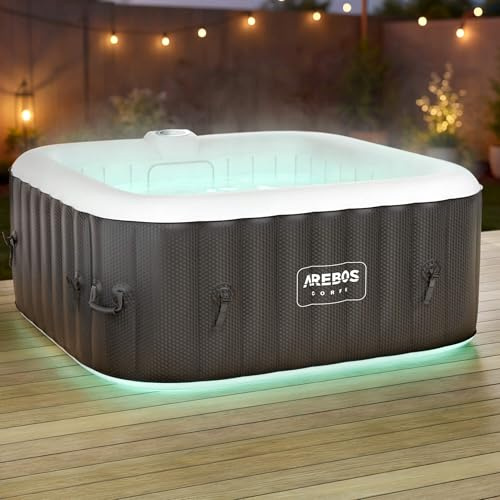 Arebos Whirlpool | 600 Liter | 154 x 154 cm | Outdoor | Winterfest | Pool | Aufblasbar, Abdeckung, Filter, Heizung, LED Beleuchtung, Bubble, Wellness, Massagedüsen, Airjet, Timer