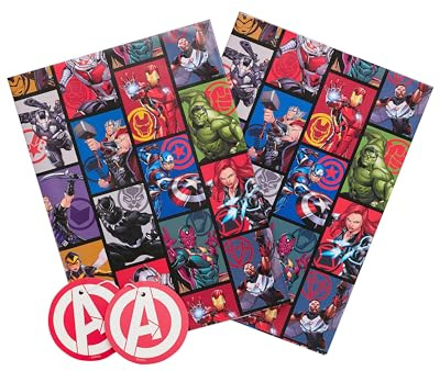 Geburtstags-Geschenkpapier für Kinder, Avengers Geschenkpapier, 2 Bögen und 2 Anhänger
