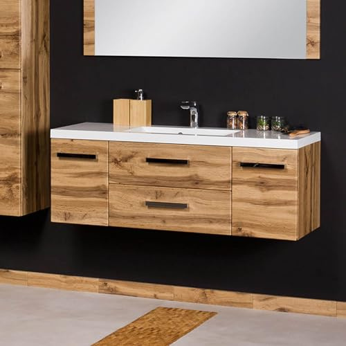 Quentis Badmöbelset Genua 120 cm, Eiche Natur, Waschbecken und Unterschrank | 2 Softclose Schubladen, 2 Türen, Waschtischunterschrank montiert