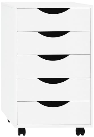 WOLTU Rollcontainer mit 5 Schubladen, mobiler Aktenschrank mit Rollen, Schubladenschrank Büroschrank Bürocontainer, Schreibtisch Unterschrank, für Büro Zuhause, Weiß, 40x66,5x40 cm, ASK14ws
