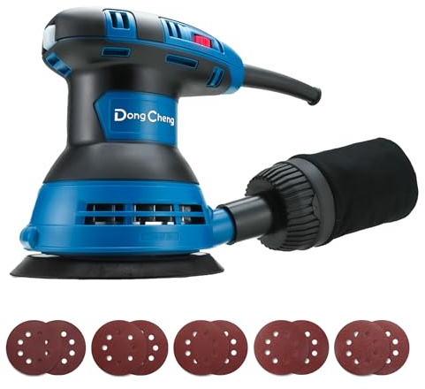 DongCheng Exzenterschleifer 300W, 125mm Schleifmaschine, 6 Geschwindigkeiten, 4,000-12,000 U/min mit Staubfangbehälter und 10 Schleifpapier, ideal für Holzbearbeitungsprojekte und Heimwerkerarbeiten