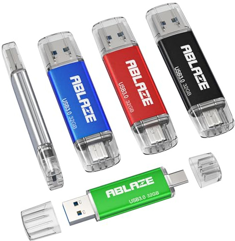 ABLAZE USB C Stick 32 GB, 5er-Pack, doppelter USB 3.0 Speicherstick | USB Typ C, hohe Geschwindigkeit, für Datenspeicherung, für Smartphones, Tablets, Mac, Auto-CT und Laptops (5 Farben)
