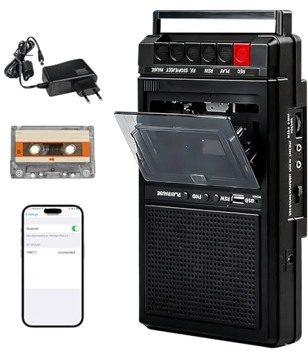 Tragbarer Kassettenrekorder Retro, Kassettenspieler Bluetooth mit Aufnahmefunktion, Kassetten Digitalisieren über USB & Audio, Mobiler Kassettenspieler mit Dual-Stromversorgung