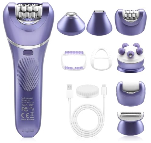 7-in-1 Epilierer Set für Damen, Kabelloser Nass- und Trockenepilierer mit LED-Licht, Gesichts- und Körperepilierer, IPX7 Wasserdicht, 90 Min Laufzeit