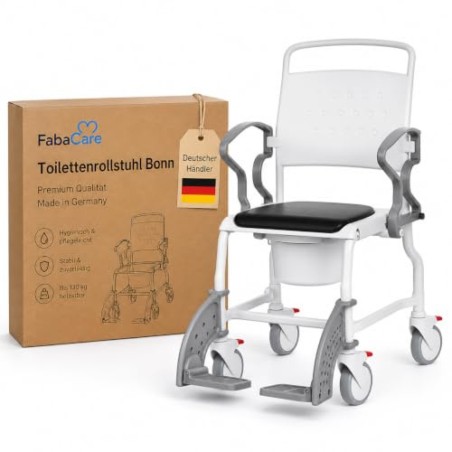 FabaCare Toilettenrollstuhl Bonn Premium Made in Germany, WC-Rollstuhl mit Eimer, abschwenkbaren Armlehnen, überfahrbar,bis 130 kg, Grau-Grau