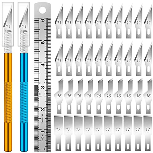 ARTCUT 43 Skalpell Set - 2 Craft Cutter, 40 Klingen (Nr. 11, 16, 17), 1 Lineal, Bastelmesser, Scalpel Messer für Skulptur und Fensterfolie
