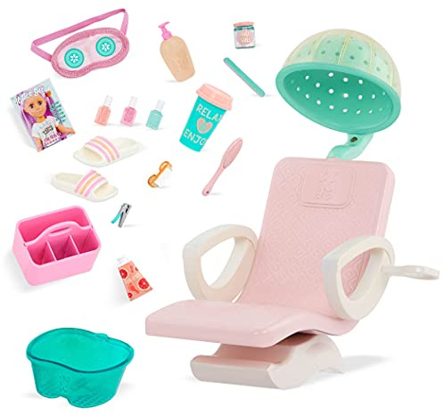Glitter Girls Friseurstuhl-Spielset mit Trockenhaube und Fußbad | 18-teiliges Puppenzubehör mit Friseurstuhl, Trockenhaube, Fußbad und Caddy für 36-cm-Puppen, Pflegezubehör dabei, 3+ Jahre