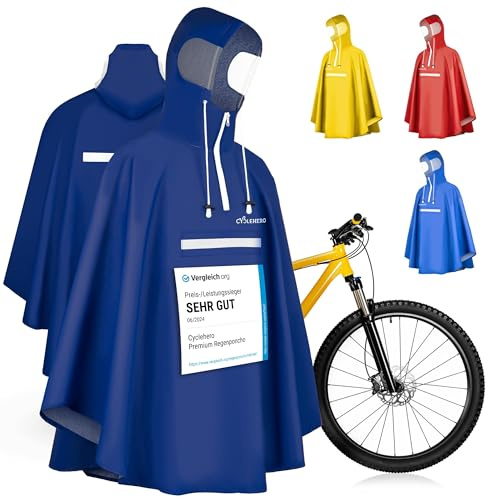 CYCLEHERO Regenponcho Fahrrad extra wasserdicht und robust - TEST SEHR GUT - Premium Regencape Fahrrad mit Reflektoren, Sichtfenster - Regenbekleidung als Regenponcho Herren und Damen - Regenjacke