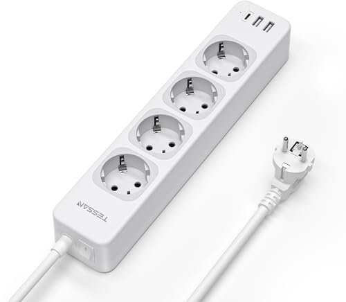 TESSAN 4 Fach Mehrfachsteckdose mit Verlängerungskabel 2M, Steckdosenleiste mit 1 USB C und 2 USB A, Mehrfachstecker mit Schalter, 2500W Verteilersteckdose Steckerleiste, Grau