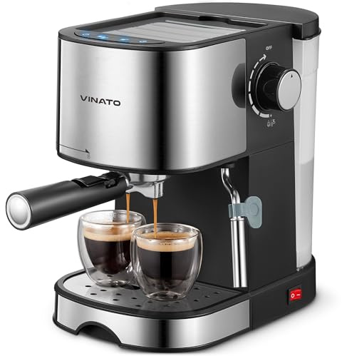 VINATO Espressomaschine, 15 Bar Espresso-und Cappuccino maschine mit Schnellaufheizfunktion, Kaffeemaschine mit Milchaufschäumfunktion und Dampfstab, Doppelauslassfilterhalter und 2 Filter