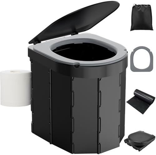 WADEO Tragbare Campingtoilette mit EVA-Komfortsitz, Faltbare Toilette Klapptoilette belastbar bis zu 200kg, mit 20 Müllbeutel und Papierhalter, Hygienischer Eimer für Camping Wandern Reisen Angeln