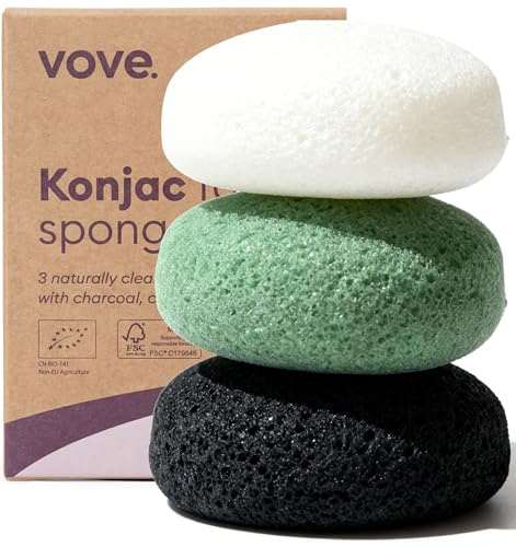 Vove Bio-Konjac-Gesichtsschwämme 3er-Set, Bambuskohle & Tonerde | Gesichtspeeling-Schwamm, sanfte Reinigung für alle Hauttypen, natürliche vegane Pflege, bio-zertifiziert