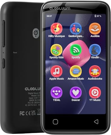 96GB MP3-Player mit Bluetooth 5.0 und WLAN, Musikplayer mit Spotify, Audible, Amazon Music, Spotify Kids, 4-Zoll-Touchscreen Android MP4-Player mit HiFi-Klang, UKW-Radio (Glänzend Schwarz)
