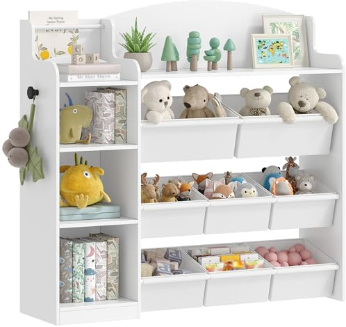 Hzuaneri Spielzeugregal, Kinder Bücherregal, 8 Boxen, 30x110x104 cm, Weiß | Aus Holz, mit 8 Stoffboxen, für Kinderzimmer, Wohnzimmer, Arbeitszimmer, KB42003W