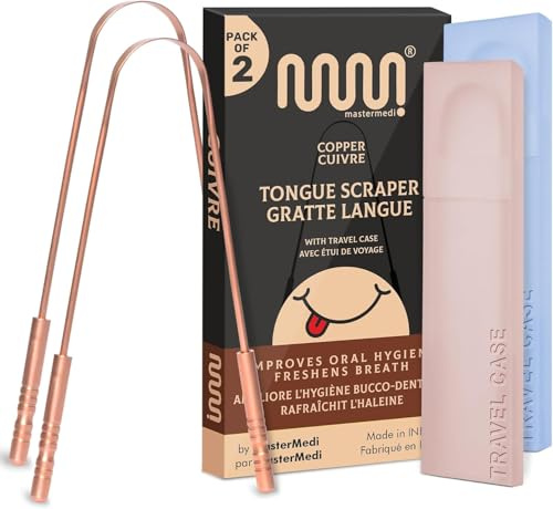 MasterMedi 100% reines kupfer zungenschaber mit reiseetui - 2 pack all natural ayurveda zungenreiniger, bannt mundgeruch und pflegt mundhygiene, groß grip (Set of 2 (Copper Tongue Scraper))