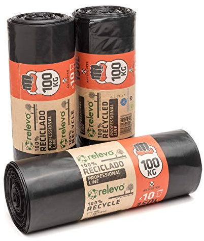 Relevo Professionelle Schwarze Schwerlast-Müllsäcke – 150L (B 80 cm × H 110 cm), 30 Säcke (3 Rollen × 10 Säcke) | Extra Stark & Auslaufsicher | 75 µm (Mikrometer) | 100% Recyceltes LDPE