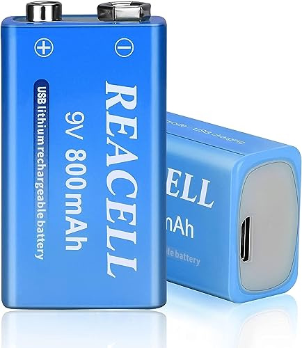 REACELL 2X 9V Wiederaufladbar Blockbatterie mit 2 in 1 Micro-Ladekabel | 800mah 9 volt USB Wiederaufladbare Lithium Batterie 1,5 Stunden Schnellladen 9V Batterie Geeignet für Rauchmelder