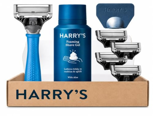 Harry's Nassrasur-Set, Blauem Griff | Truman Rasierer, 4 Ersatzklingen, Rasiergel und Klingenschutz, In Deutschland entwickelte Ersatzklingen mit je 5 Klingen