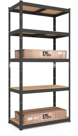 baudim® Schwerlastregal 180x60x40 cm, 5 MDF-Böden, 875 kg, Schwarz, Metall | Schneller Aufbau ohne Schrauben, höhenverstellbare Ablagen, Abstellraumregal, Keller, Werkzeug und Kisten, Stauraum, Vorräte.