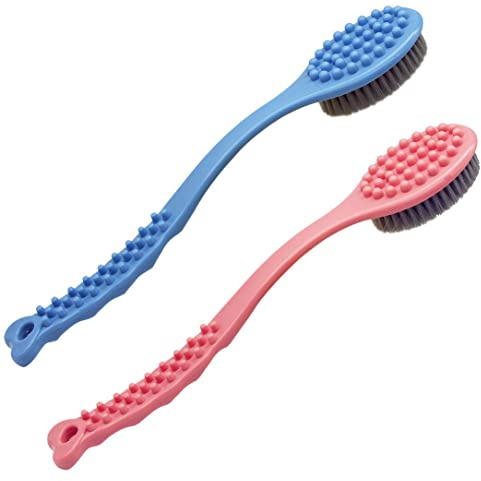 Badebürste mit langem Griff - Weiche und bequeme Körpermassagebürste für trockene Haut (Blau und Rosa)