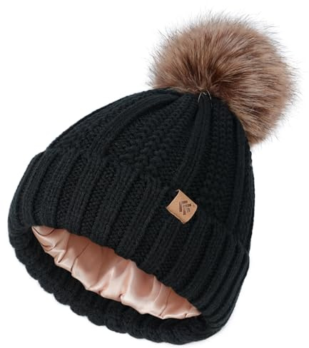 Creekstone Bommel Beanie-mütze Damen, Satin gefütterte Wintermütze, Warme Strickmütze Mit Kunstpelz Bommel Pom Pom Beanie