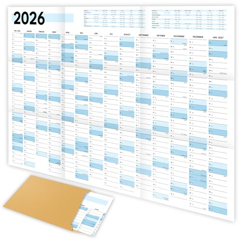 XXL Wandkalender 2026 groß (90x60cm) - Jahresplaner 2026 quer als Kalender für die Wand - Jahreskalender für 14 Monate mit Ferienübersicht - Kalender gefalzt für das Büro